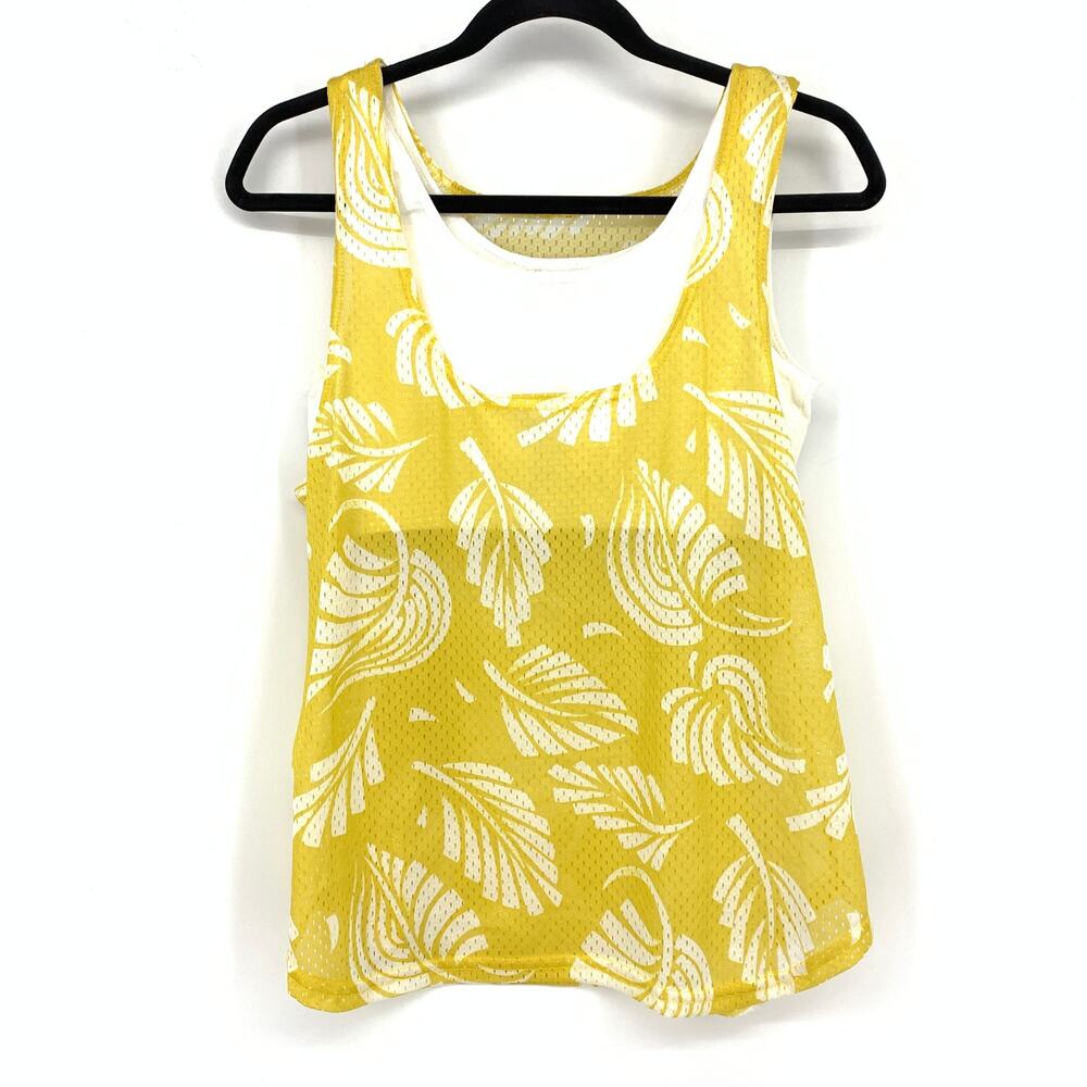 Vintage 80s The Body Co Bra Lined Mesh Tank Top Womens Sz M Yellow Floral Print